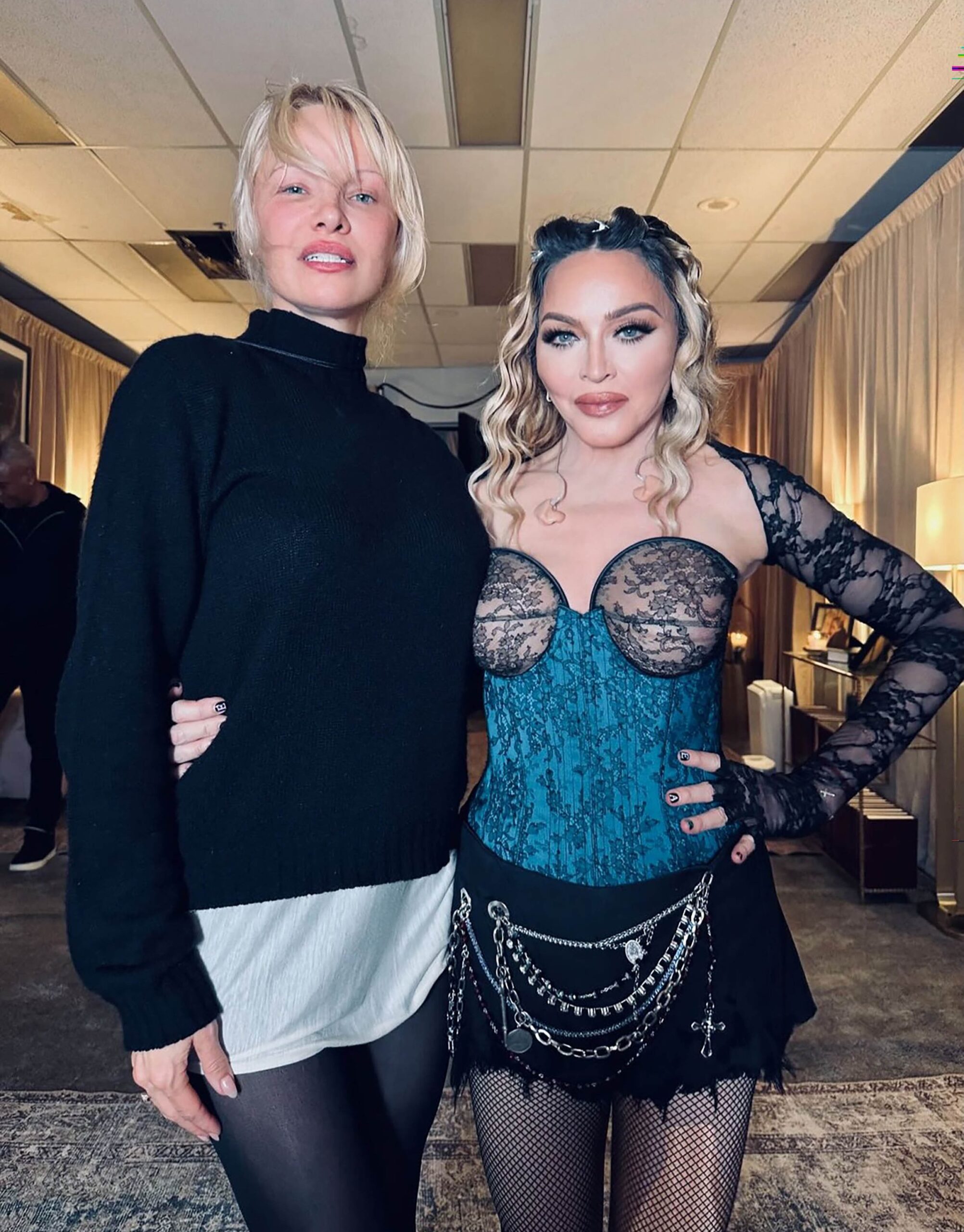 Madonna 65 Wows In Turquoise Corset As She Poses With Stunning Pamela