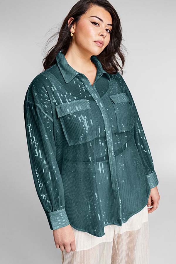 Green shimmery button-down blouse on sale at Nordstrom.