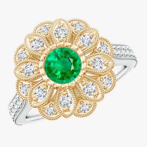 Vintage Inspired Emerald Floral Halo Ring with Milgrain