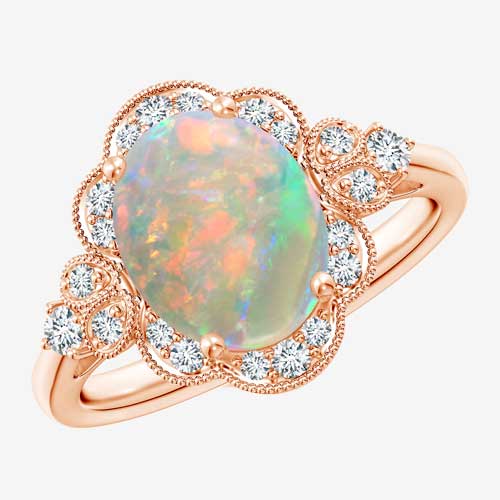 Victorian Style Vintage Oval Opal and Diamond Halo Engagement