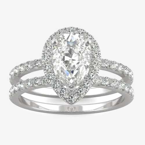 Pear Forever One Moissanite Halo Side Accents Bridal Set Ring