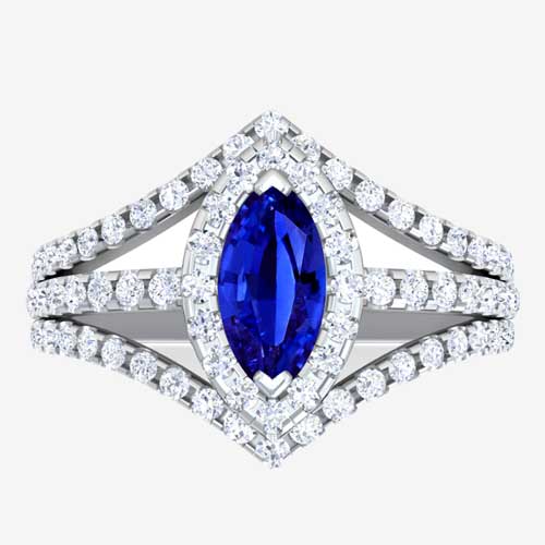 Designer Marquise Prong Set Blue Sapphire Halo Ring with Pave Set Diamonds