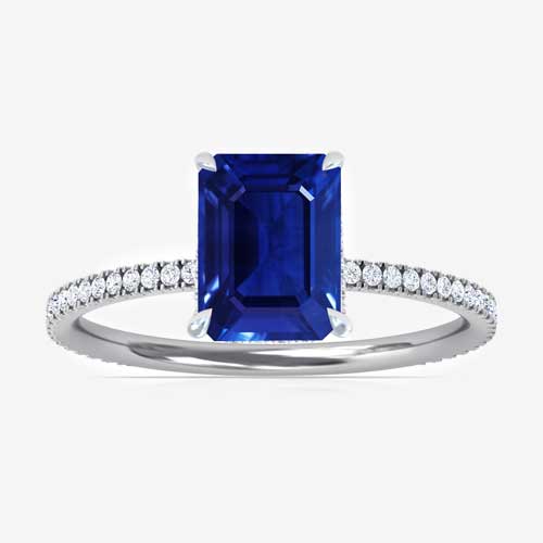Emerald CutUntreated Blue Sapphire Hidden Halo Ring with Petite Pave Set Band