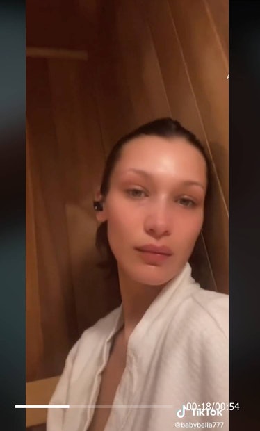 Bella Hadid in a sauna.