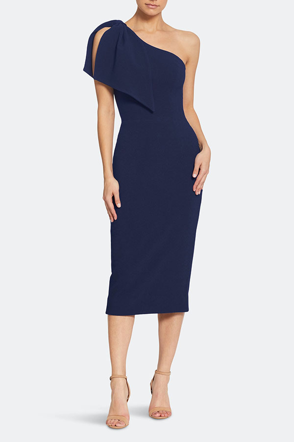 Navy midi dress for a cocktail party.