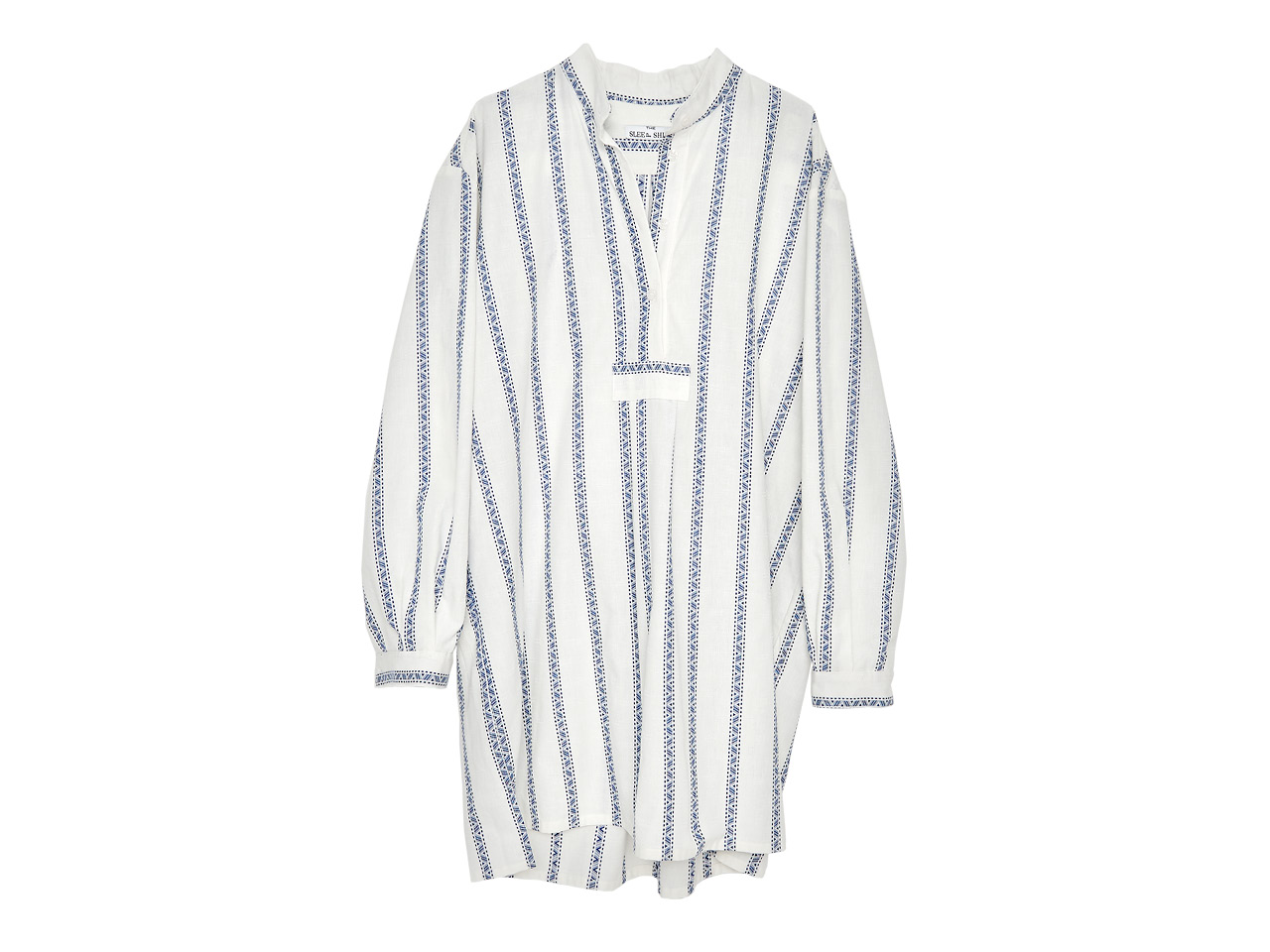 White sleep shirt with blue vertical stripes.