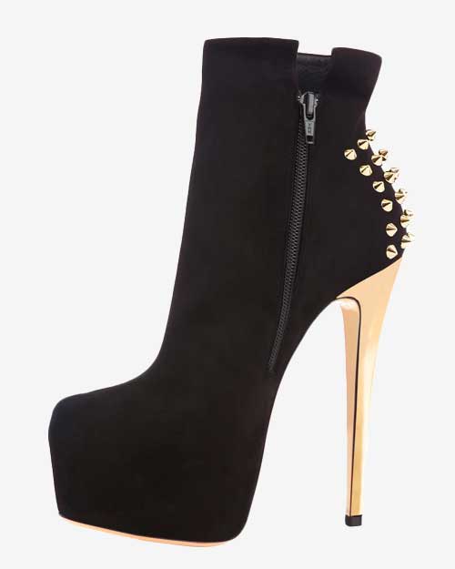 Black Suede Platform Golden Rivet Stiletto High Heel Ankle Boots