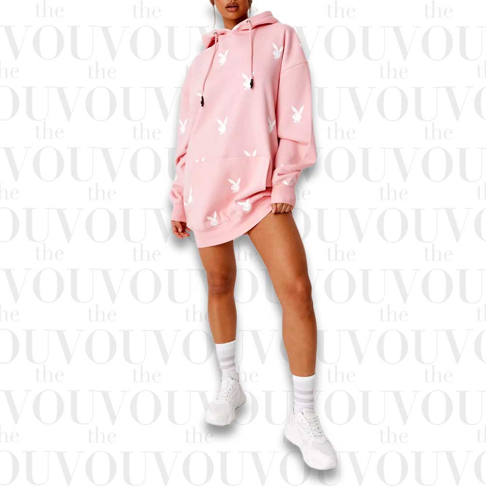 Playboy x Missguided Pink Oversized Repeat Logo Hoodie Dress