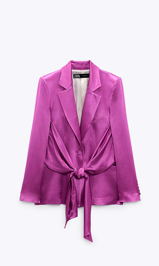 Zara has a gorgeous royal purple blazer with its Satin Effect Tied Blazer ($119).