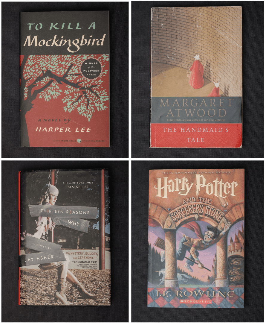 Grid of To Kill a Mocking Bird, Handmaid’s Tale, Thirteen Reasons Why, and Harry Potter
