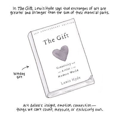 In The Gift, Lewis Hyde says that exchanges of art are greater and stranger than the sum of their material parts. [Image description: A drawing of Lewis Hyde’s book “The Gift,” subtitled “Creativity and the Artist in the Modern World.” An arrow identifies it as a birthday gift.] Art delivers insight, emotion, connection — things we can’t count, measure, or exclusively own.  