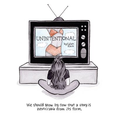 [Image description: A child-sized Amy sitting cross-legged on the floor, in front of a large TV with antennas, showing an advertisement of a woman’s torso wearing peach underwear and a bra before a bright cloudy sky, beneath the text “Unintentional by Calvin Klein.”] We should know by now that a story is inextricable from its form.