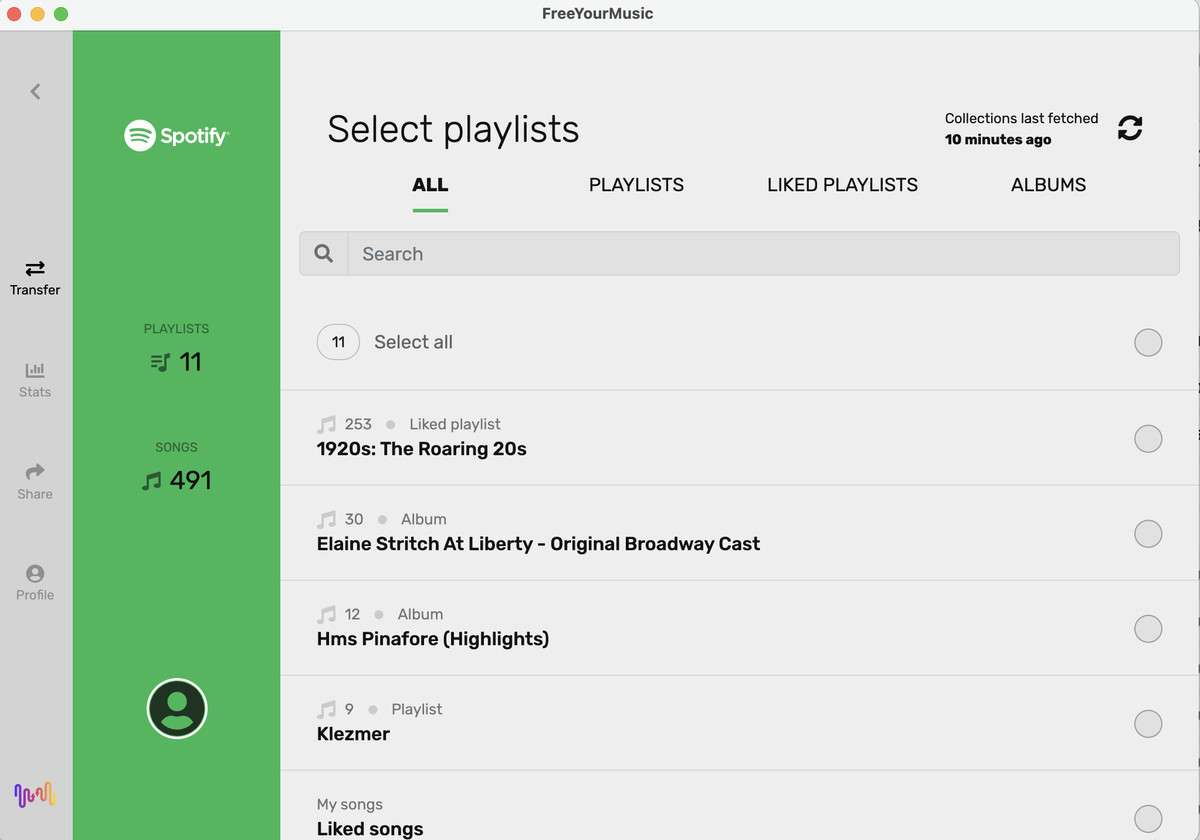 Playlists are conveniently divided between your personal lists, your “liked” lists, and your albums.