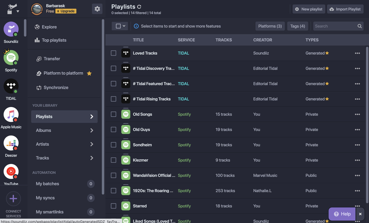 The playlists you have in each service are immediately shown in the Soundiiz main window.