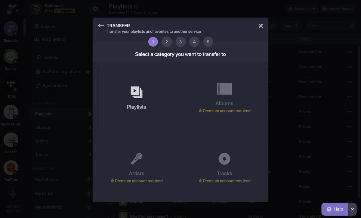 The free service can only transfer playlists.