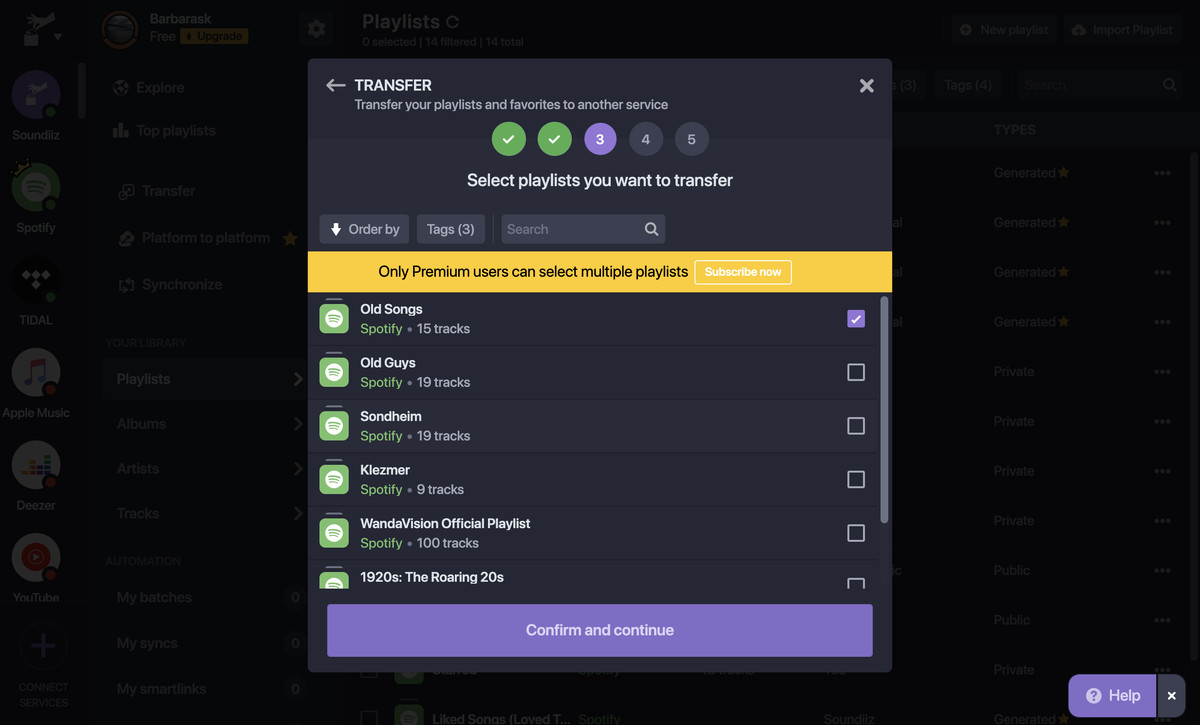 Free users only transfer one playlist at a time.