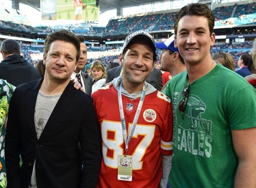 Jeremy Renner, Paul Rudd, and Miles Teller attend Super Bowl LIV