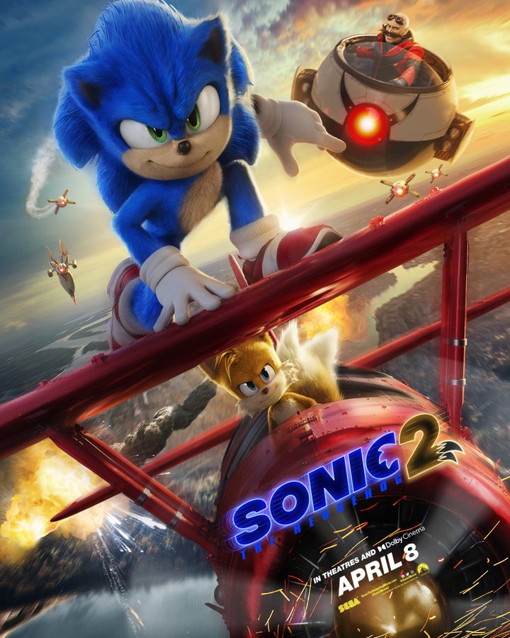 sonic the hedgehog 2 poster with scene from the films trailer of sonic on top of red plane