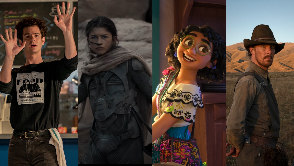 A side by side of Oscar-nominated movies Tick, Tick...Boom, Dune, Encanto, and The Power of the Dog