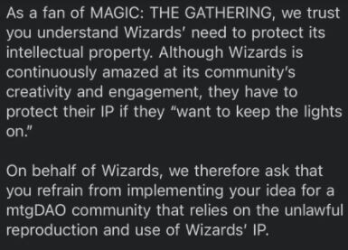 Magic: The Gathering lawyer's message to mtgDAO