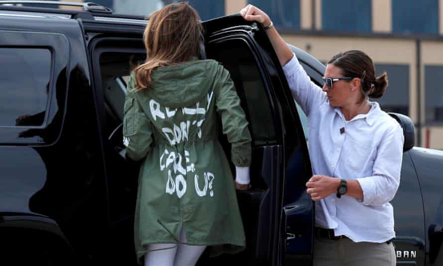 Melania Trump climbs into a vehicle wearing a jacket that says ‘I really don’t care. Do U?’ on the back in June 2018.
