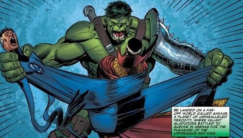 Comic book panel showing Hulk versus Mr. Fantastic and Doctor Strange.