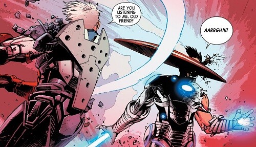 Comic book panel showing Captain America versus Iron Man.