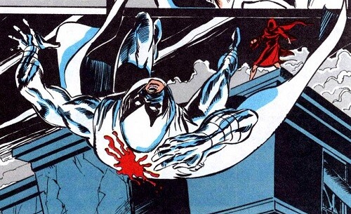 Moon Knight falling off bridge with stab wound.