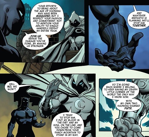 Moon Knight rejects Black Panther's offer to join the Avengers.