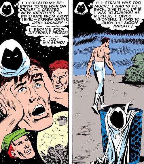 Moon Knight leaves superhero costume in trash can.