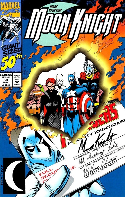 Moon Knight cover showing burning Avengers credential.