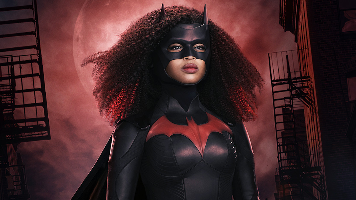 Javicia Leslie as Batwoman in front of a red sky