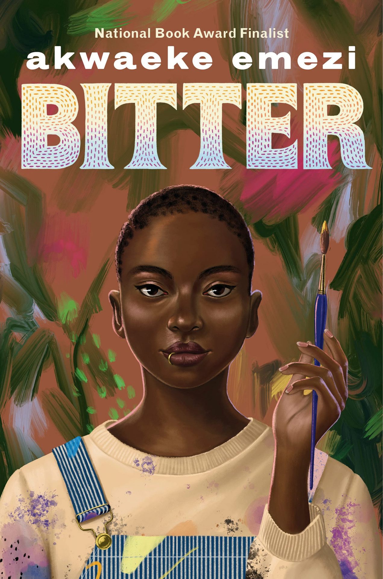 photo of brownskinned black woman who is animated on cover of Bitter novel with floral background 