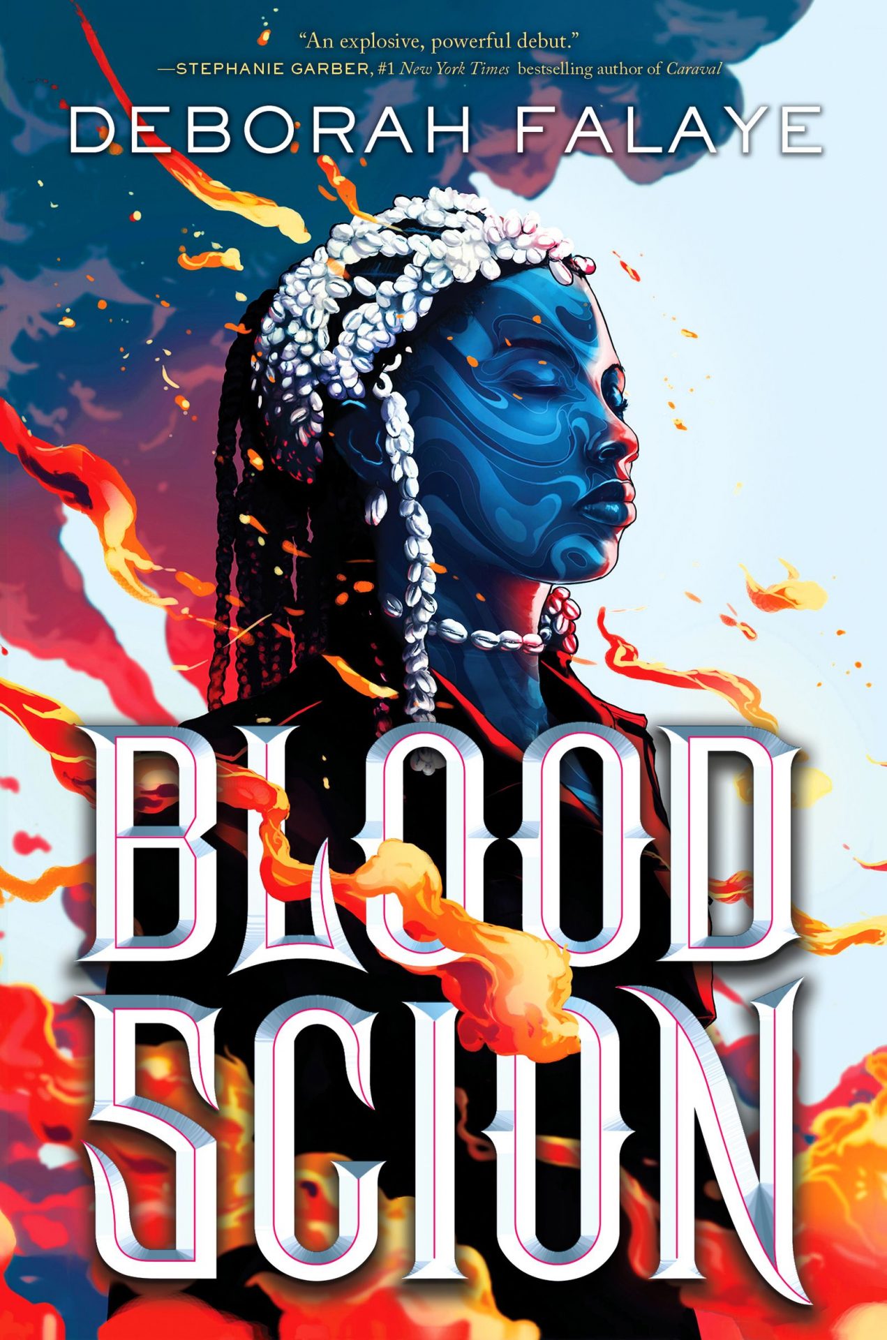 photo of blue hued woman with long braids and fiery background blood scion book cover 