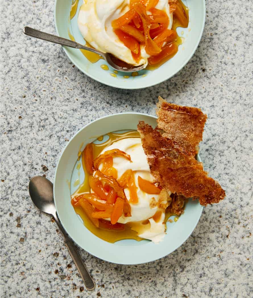 Yotam Ottolenghi’s yoghurt cream with sticky apricots and filo wafer.