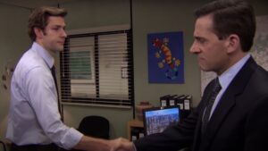 John Krasinski's Jim Halpert says goodbye to Steve Carell's Michael Scott during Carell's final episode of The Office