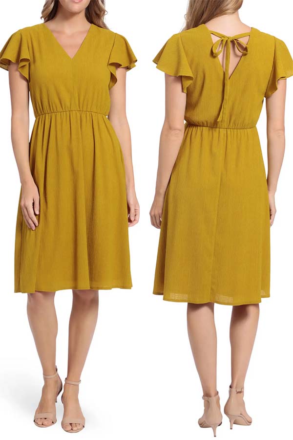 Front and back view of tie-back spring dress.