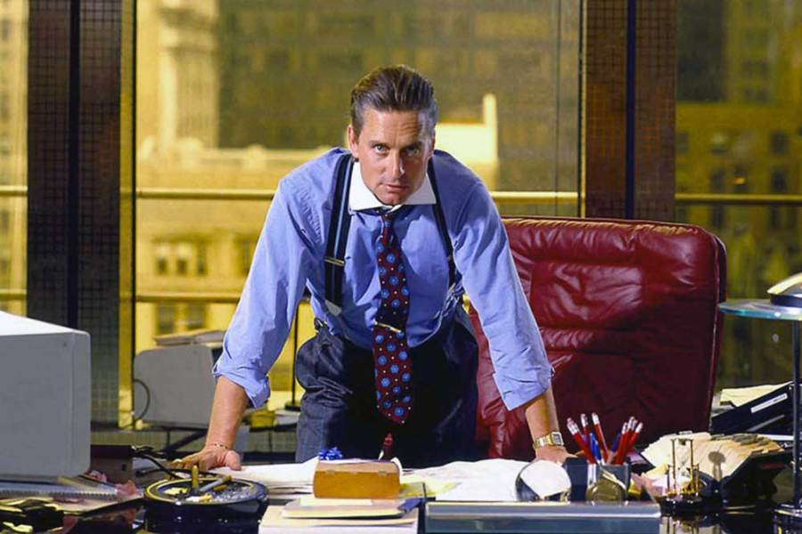 Michael Douglas as Gordon Gekko in Wall Street wearing Albert Thurston suspenders