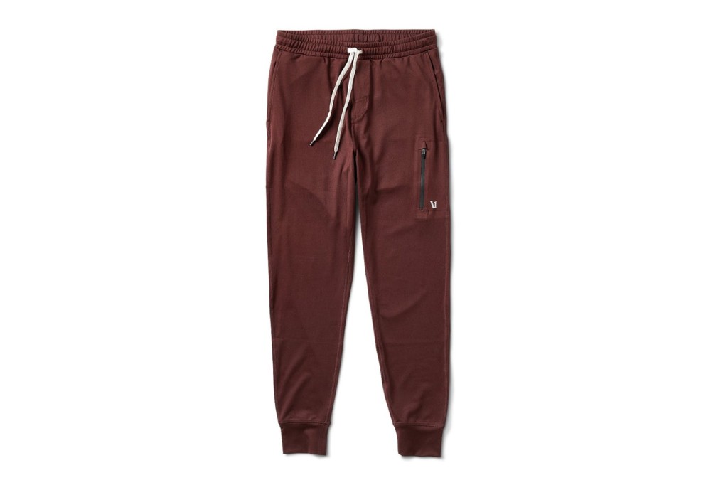A pair of dark red joggers 
