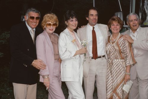 Gary Morton, Lucille Ball, Lucie Arnaz, Laurence Luckinbill, Edith Hirsch, and Desi Arnaz at Lucie and Laurence's wedding in 1980