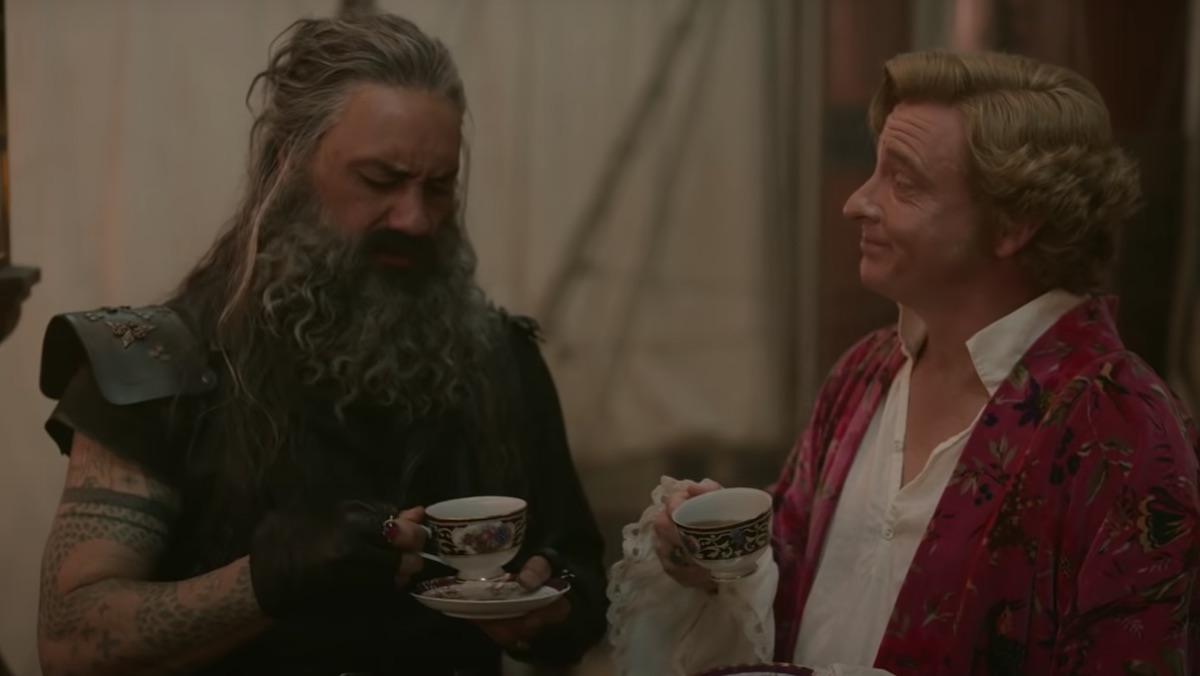 Taika Waititi and Rhys Darby drink tea on Our Flag Means Death