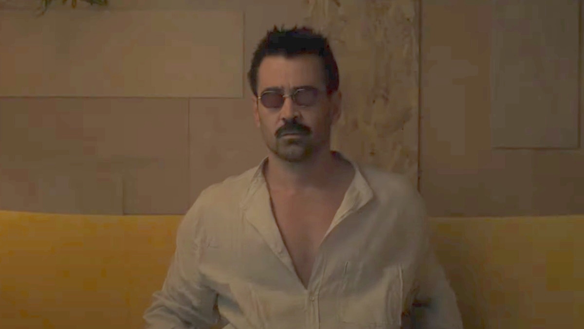 Colin Farrell with colored glasses in a sauna in After Yang