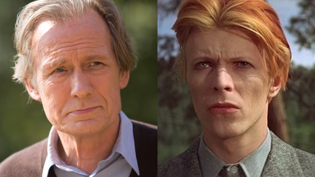 A side by side of Bill Nighy and David Bowie, each of whom is Thomas Newton in The Man Who Fell to Earth