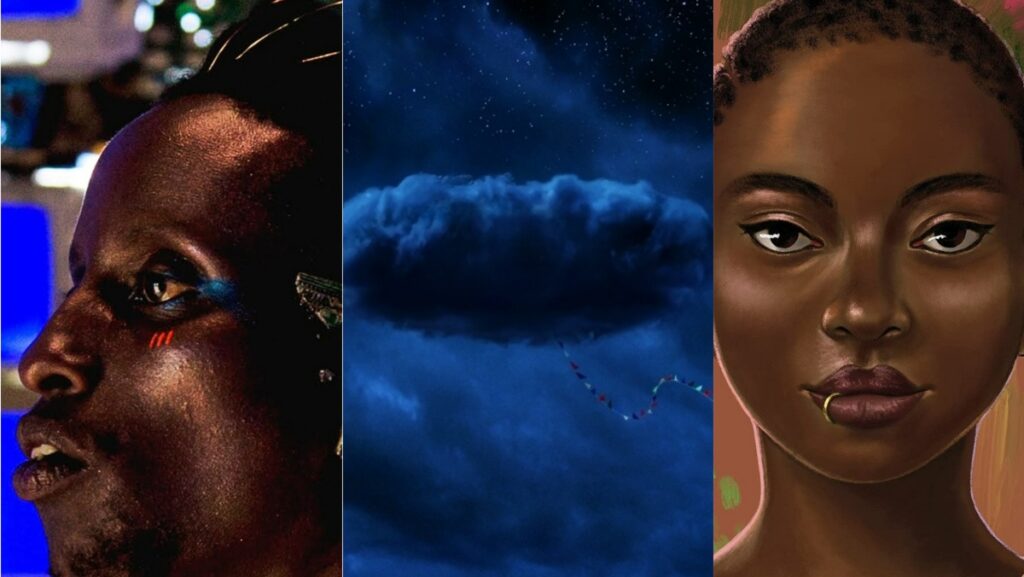 split photo of a black person in afrofuturist film, nope jordan peele poster with cloud, and black woman