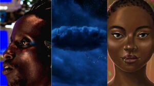 split photo of a black person in afrofuturist film, nope jordan peele poster with cloud, and black woman