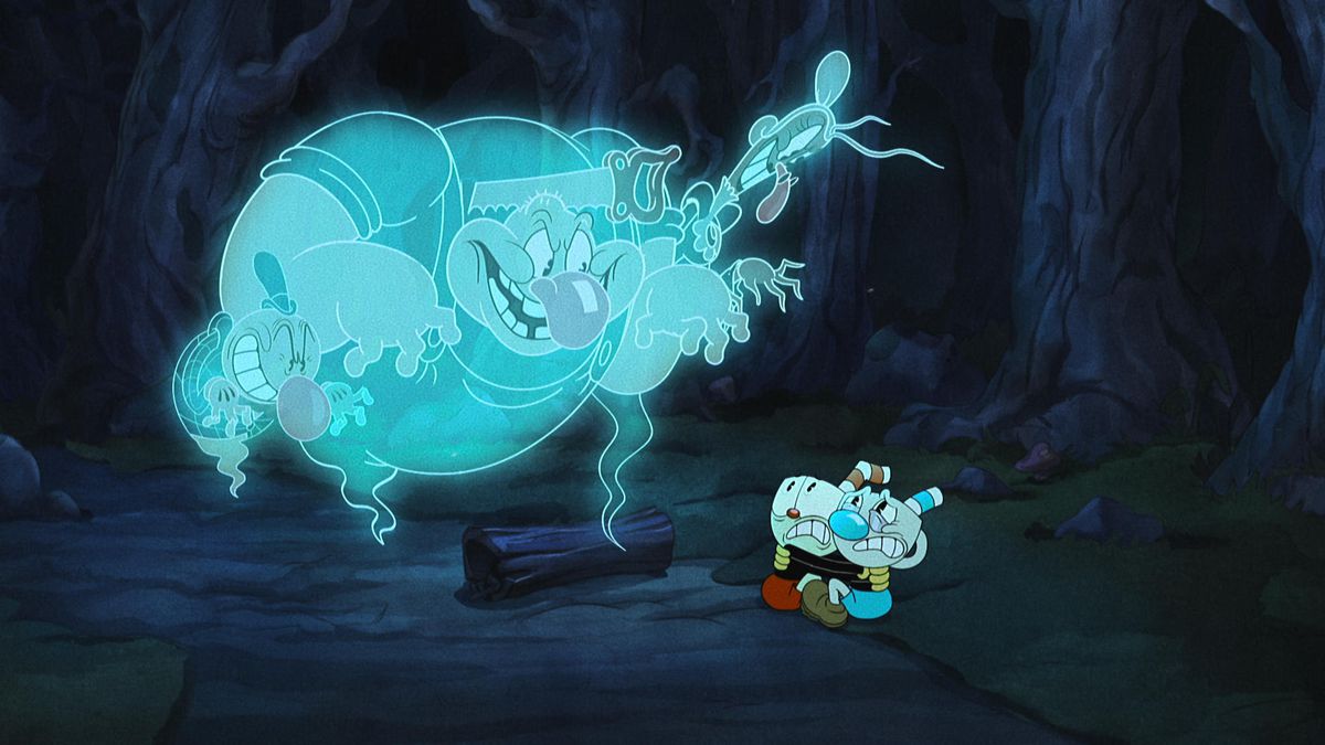 Cuphead and Mugman cower from ghosts