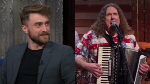 A side by side of Daniel Radcliffe on the Late Show and Weird Al Performing on Last Week Tonighht