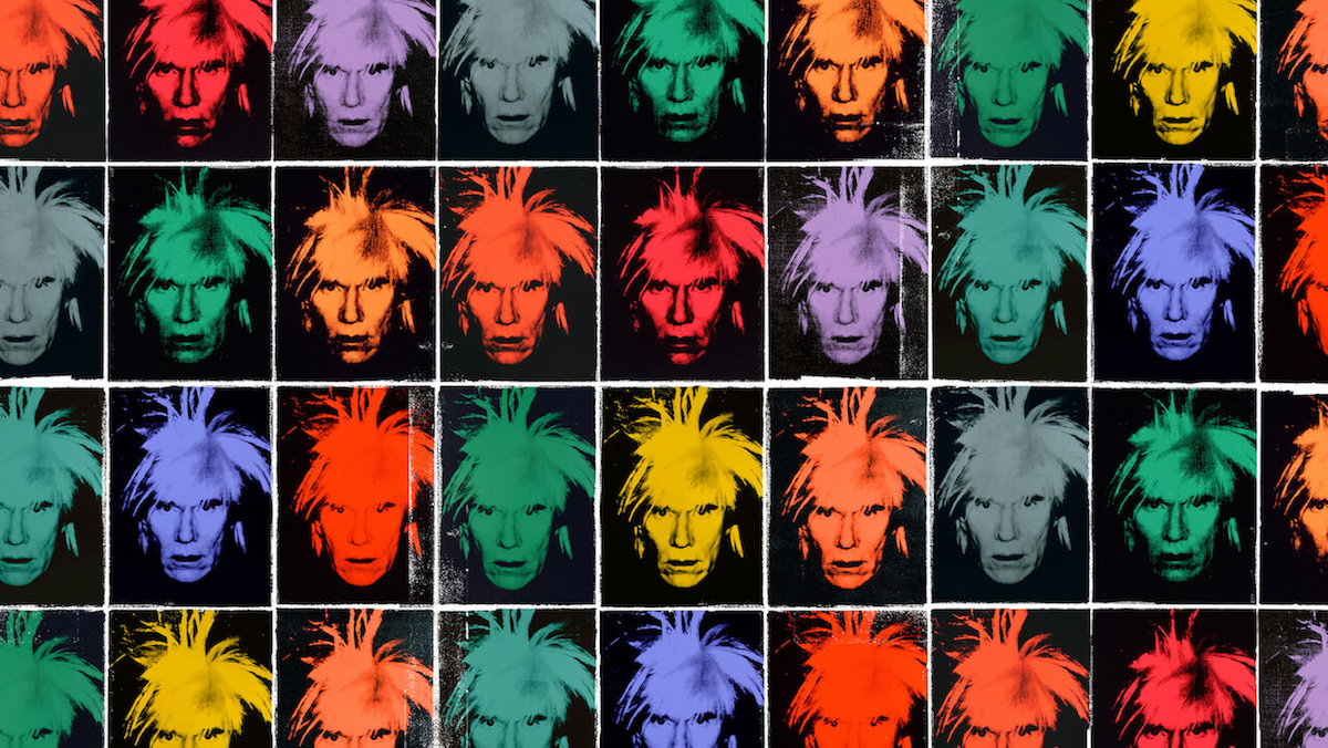 A many-colored collage of Andy Warhol's picture for The Andy Warhol Diaries on Netflix