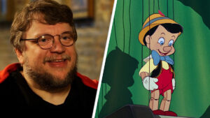 Guillermo del Toro and a scene from the animated Pinocchio.