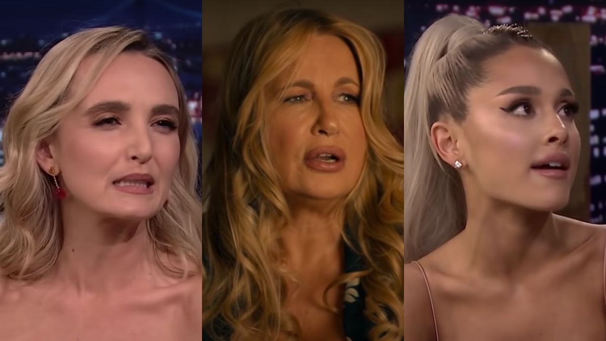 A side by side of Chloe Fineman and Ariana Grande doing Jennifer Coolidge Impressions, with Coolidge in the middle.